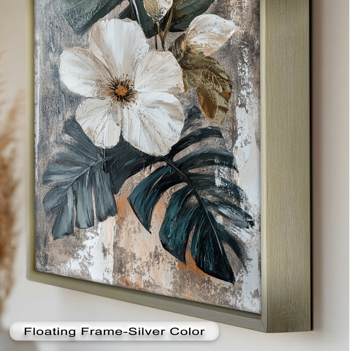 White Bloom and Tropical Leaves - Flower Oil Painting