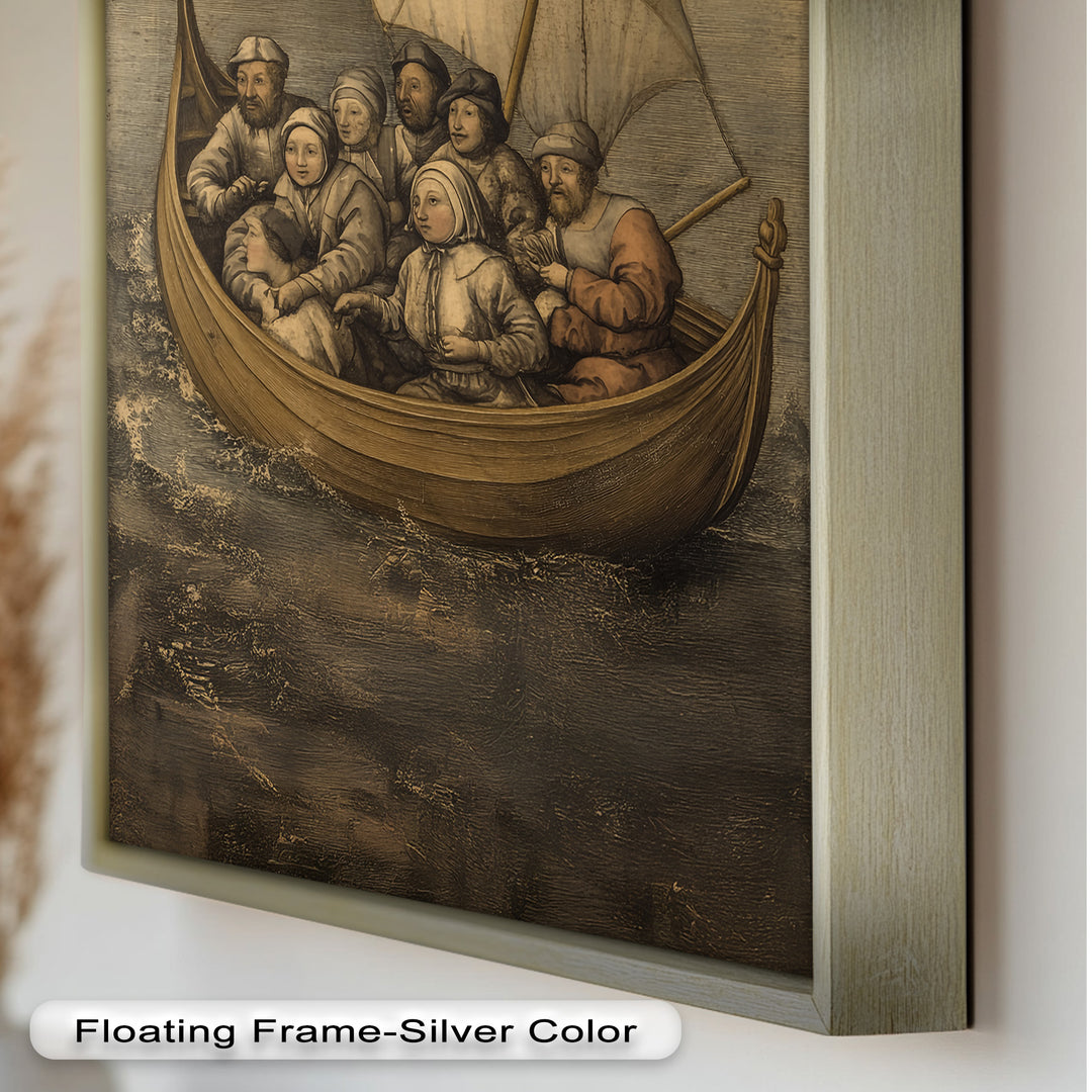 Medieval Sailors in Wooden Vessel - Historic Oil Painting