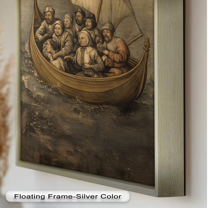 Medieval Sailors in Wooden Vessel - Historic Oil Painting