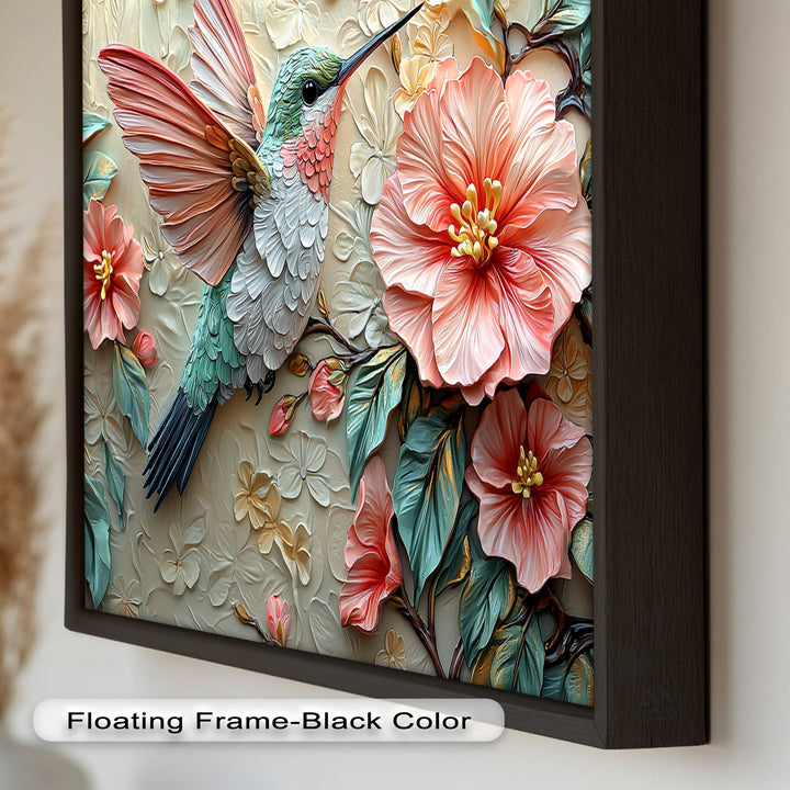 Spring Hummingbird with Pink Flowers – Framed Oil Painting