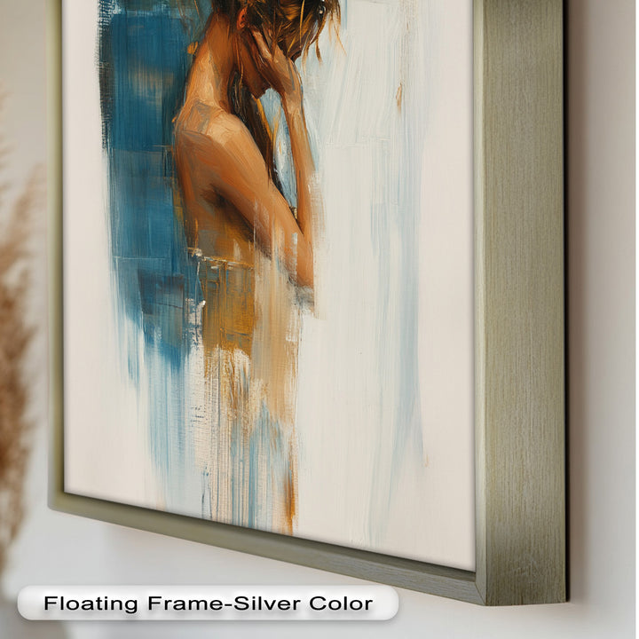 Veil of Thought – Introspective Woman in Blue and Gold Abstract Oil Painting