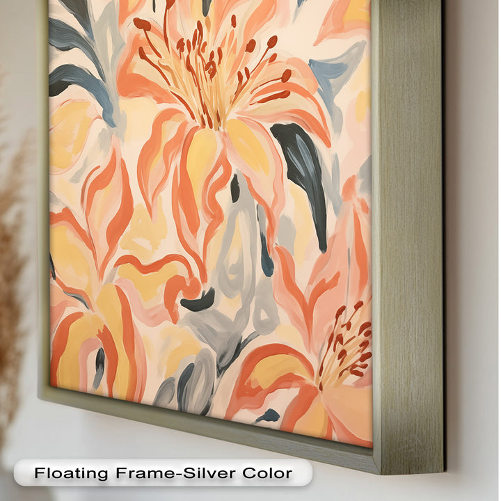 Sunlit Lilies – Abstract Coral Flower Oil Painting