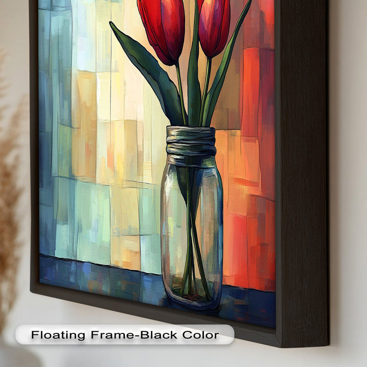 Red and Orange Tulips in Glass Vase – Bold Floral Oil Painting
