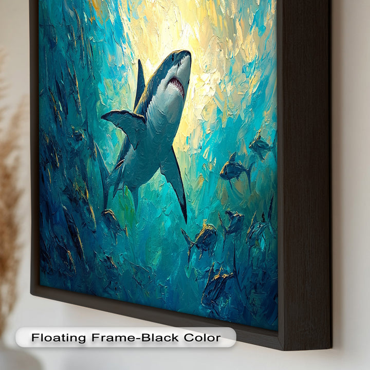 Great White Shark in Sunlit Ocean Depths – Animal Oil Painting