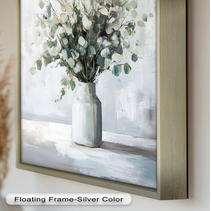 Eucalyptus Essence – Minimalist Greenery in Ceramic Vase Oil Painting