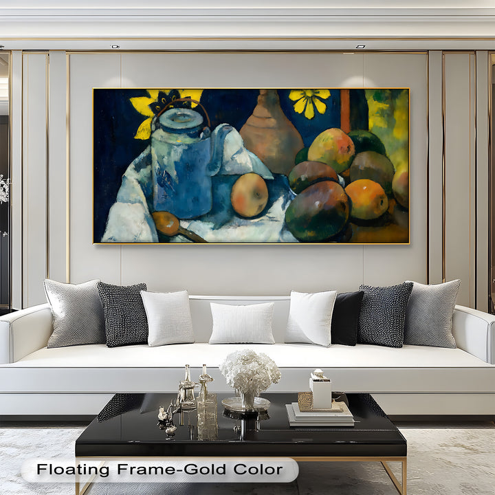 Rustikales Stillleben mit Mangos und Teekanne – Food Paintings