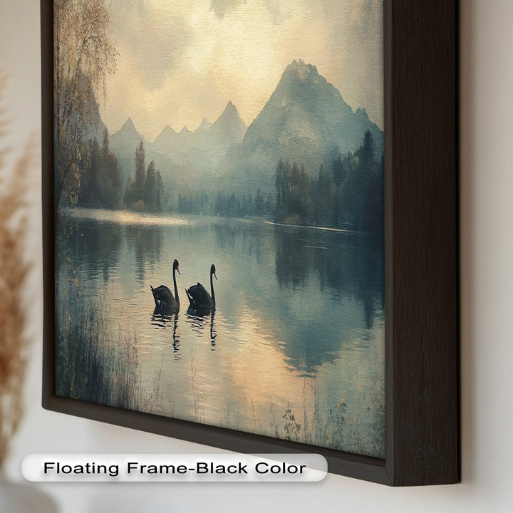 Black Swans on a Mountain Lake – Modern Oil Painting