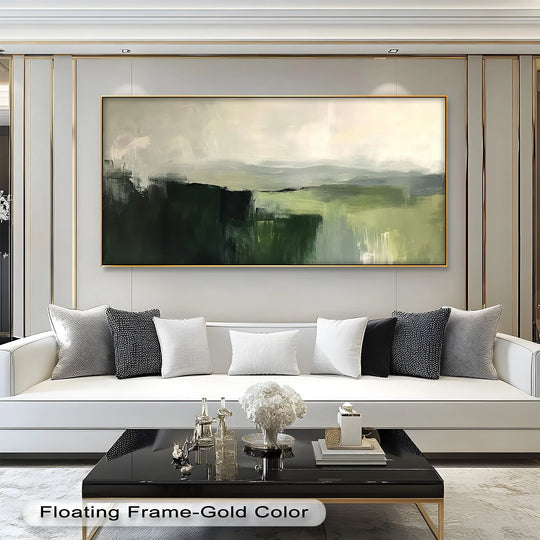 Showing the realistic detail of a framed misty valley horizon, this green abstract oil painting home decor presents a soft landscape with foggy tones.