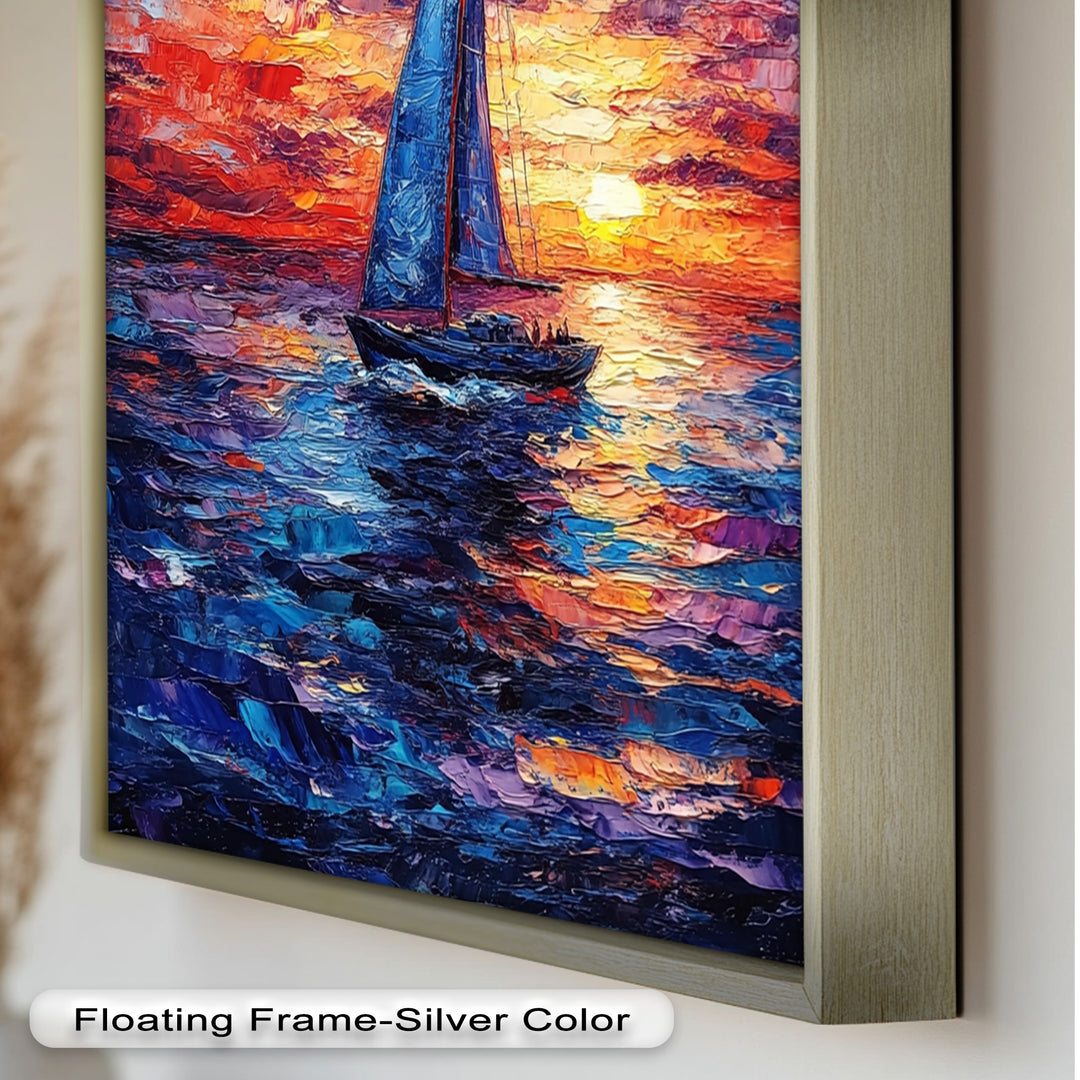 Crimson Horizon – Sunset Voyage Boat Oil Painting