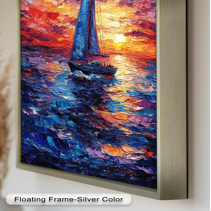 Crimson Horizon – Sunset Voyage Boat Oil Painting
