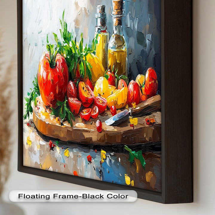 Tomato & Olive Oil Kitchen Art – Colorful Framed Oil Painting