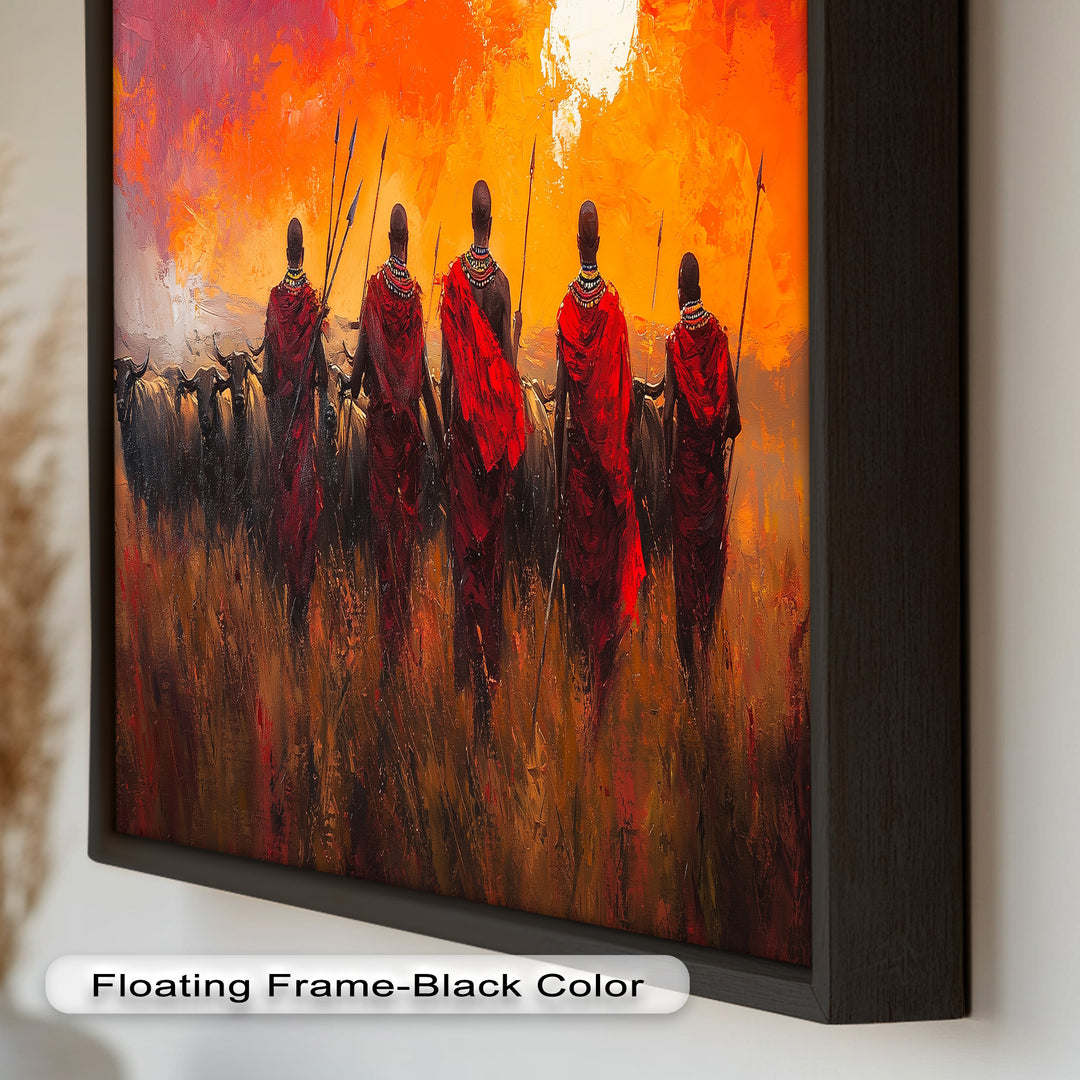 Afrikanische Krieger-Sonnenuntergangsszene – Ölgemälde der Stammeskultur