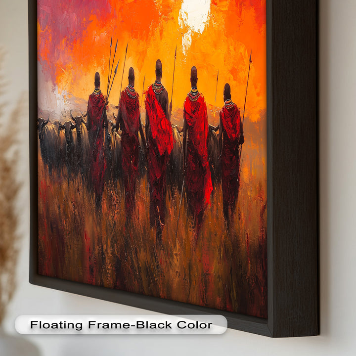 Afrikanische Krieger-Sonnenuntergangsszene – Ölgemälde der Stammeskultur