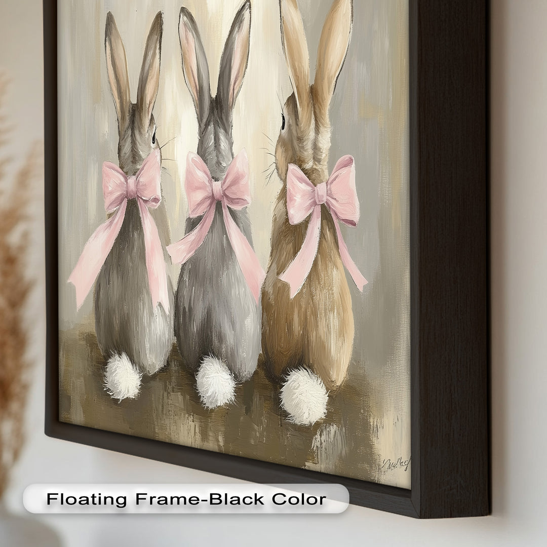 Trio of Bunnies with Pink Bows – Animal Oil Painting