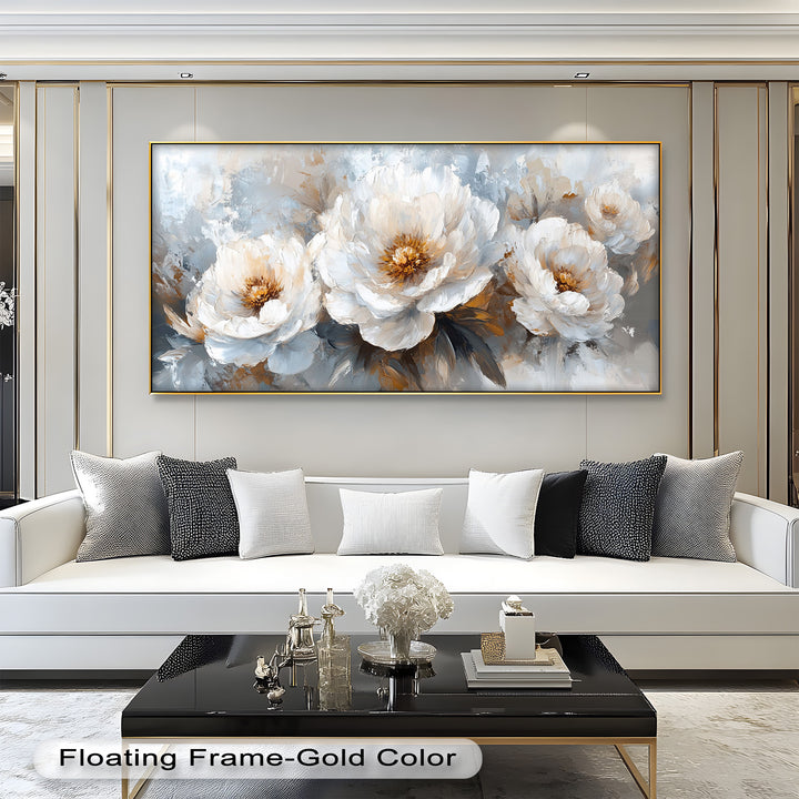 White Petals on Soft Neutral Background - Flower Oil Painting