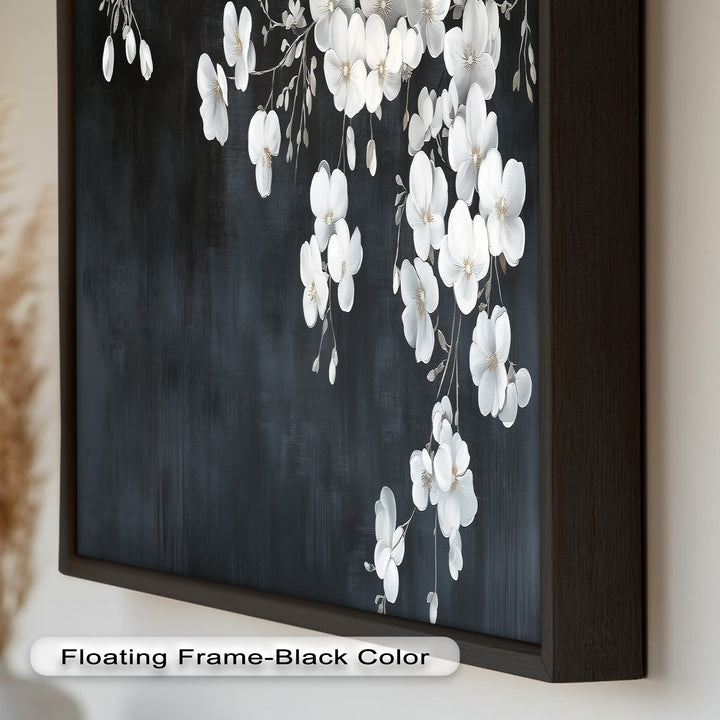 White Cherry Flowers on Midnight Blue - Flower Oil Painting