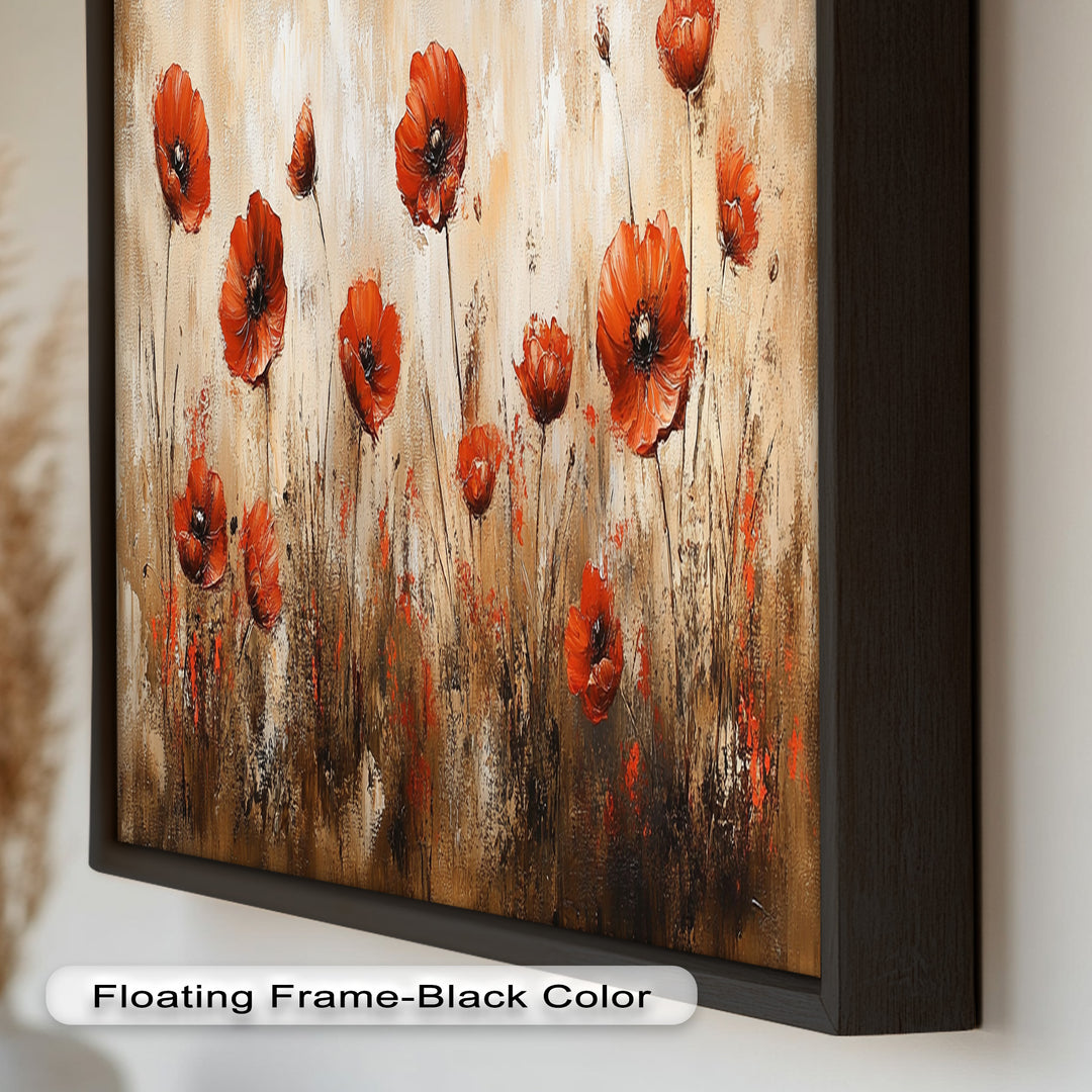 Fiery Meadow – Scarlet Poppies in Earth-Toned Field Flower Oil Painting
