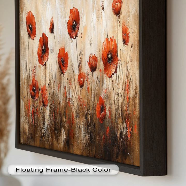 Fiery Meadow – Scarlet Poppies in Earth-Toned Field Flower Oil Painting