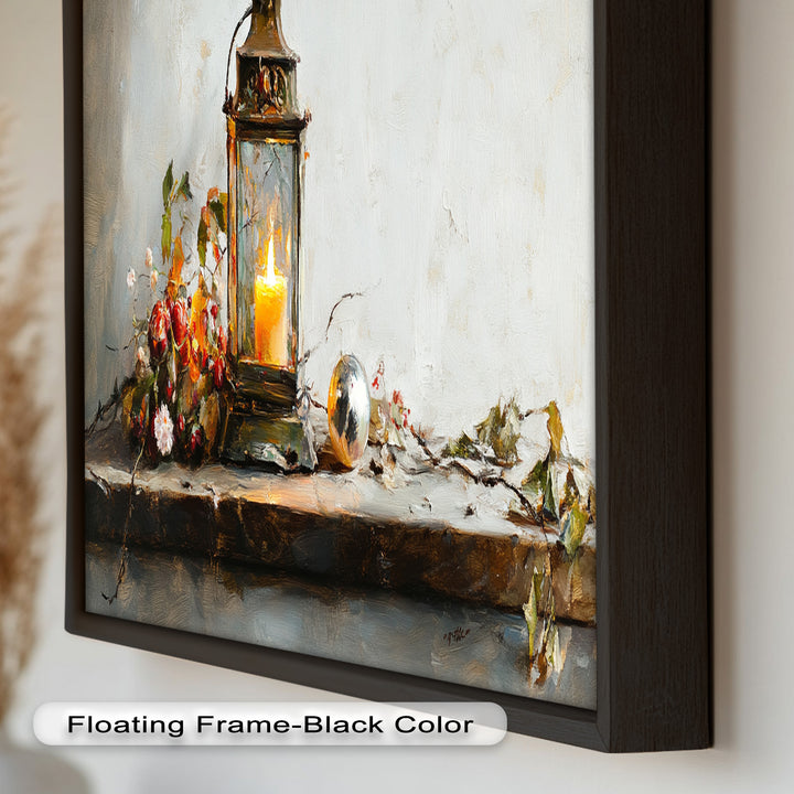 Bronze Candle Lantern Art – Winter Decor Oil Painting