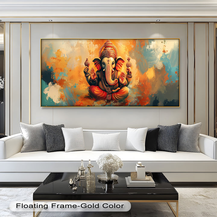 A dynamic and spiritual painting of Lord Ganesha, blending traditional iconography with a modern, textured background.