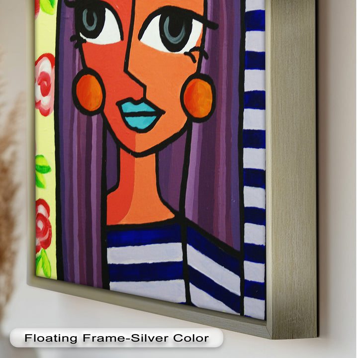 Striped Radiance – Playful Woman with Purple Hair Picasso Oil Painting