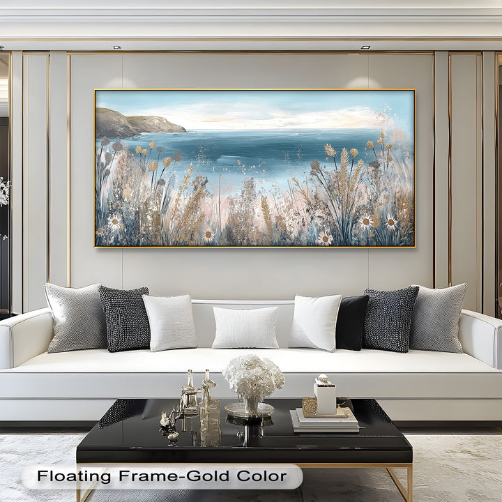 Wildflower Coastal View Landscape - Framed Oil Painting