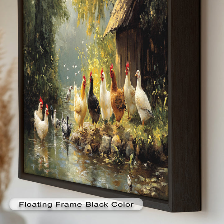 Country Farmyard Chickens by the Stream – Animal Oil Painting