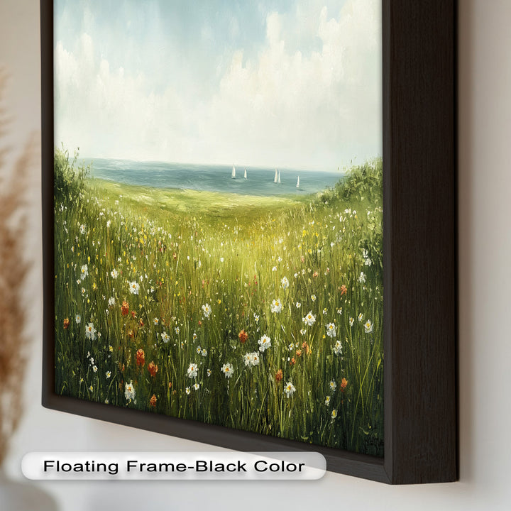 Wildflower Meadow Sea View Wall Art–Coastal Oil Painting