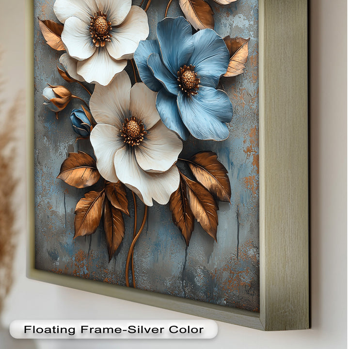 Gilded Petals – Luxuriöses Ölgemälde mit weißen und blauen Blumen