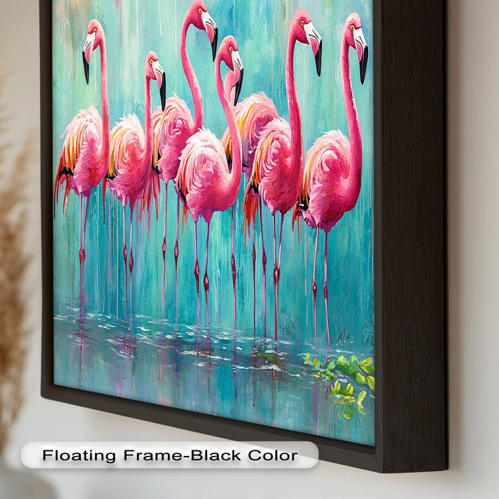 Flamingoschwarm auf dem Wasser – Tierölgemälde