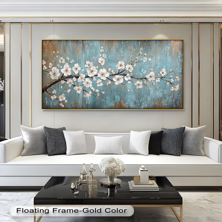 White Blossoms on Blue Textured Branch - Flower Oil Painting