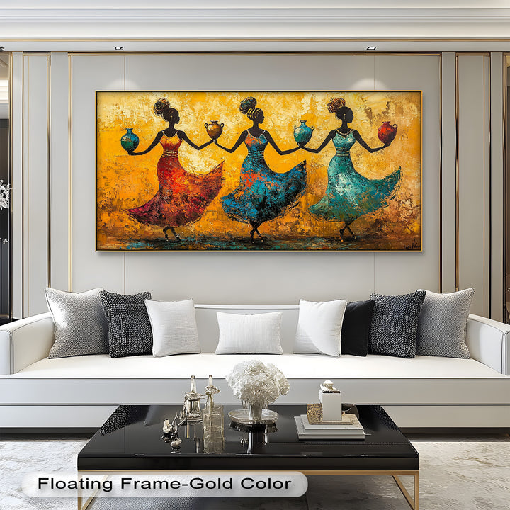 With bold brushstrokes and vibrant hues, the artwork radiates energy, culture, and celebration through the rhythmic movement of the figures.