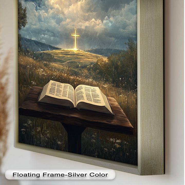 Göttliche Offenbarung – Bibel und leuchtendes Kreuz, christliches Ölgemälde