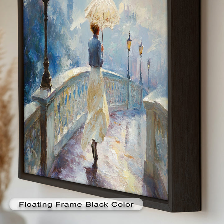 Woman with Umbrella on Cobblestone Bridge – Oil Painting