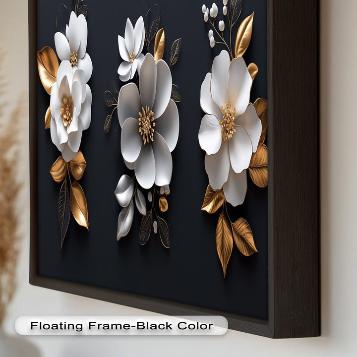 Elegantes Blumentrio – Modernes Ölgemälde in Weiß und Gold