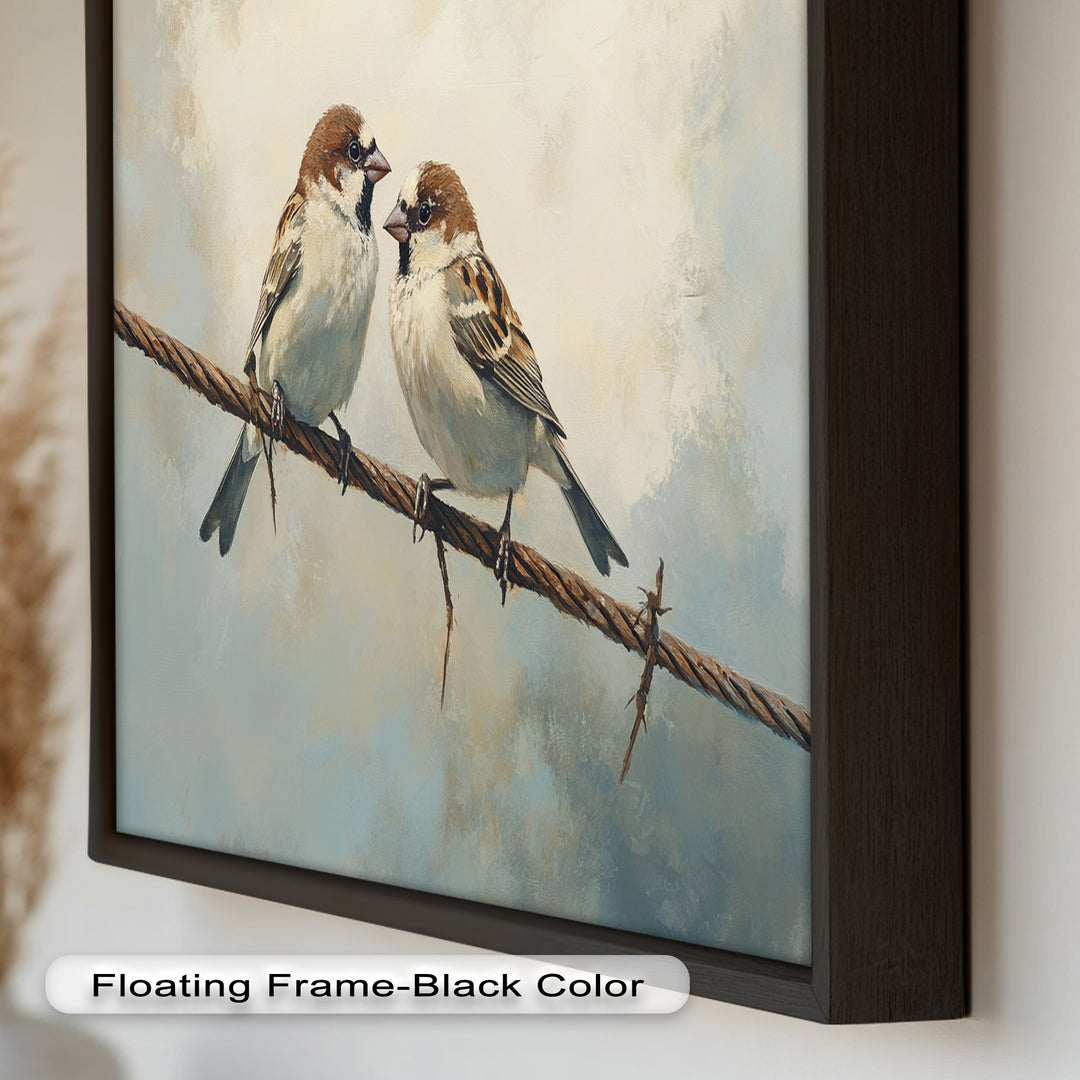 Two Sparrows on a Wire – Bird Oil Painting