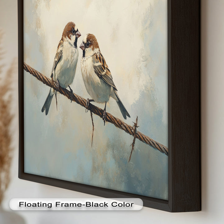Two Sparrows on a Wire – Bird Oil Painting