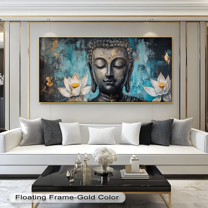 A tranquil Buddha portrait with a weathered texture, flanked by lotus flowers representing purity and spiritual awakening.