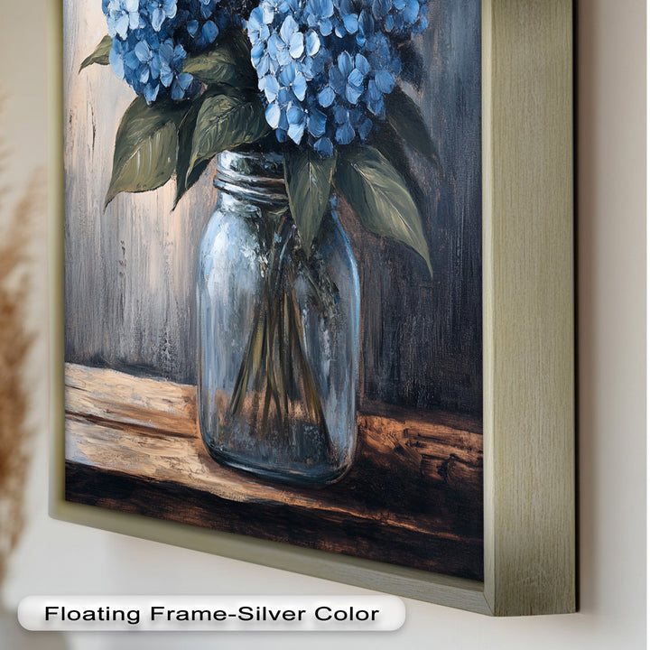 Blaue Gelassenheit – Hortensienblüten im Einmachglas, Blumenölgemälde