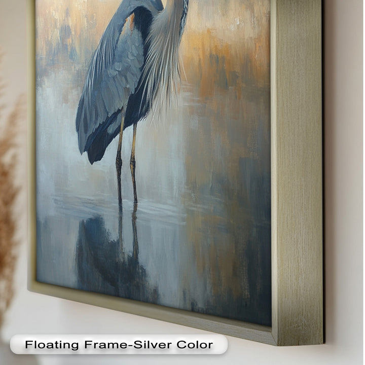 Heron in Misty Marshland - Framed Oil Painting