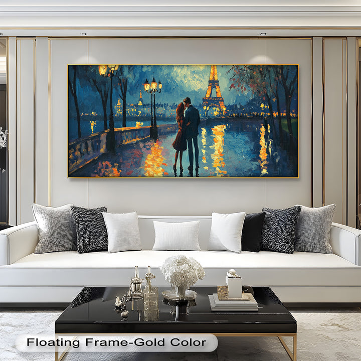 Eiffel Glow – Lovers Embrace by the Seine Love Oil Painting