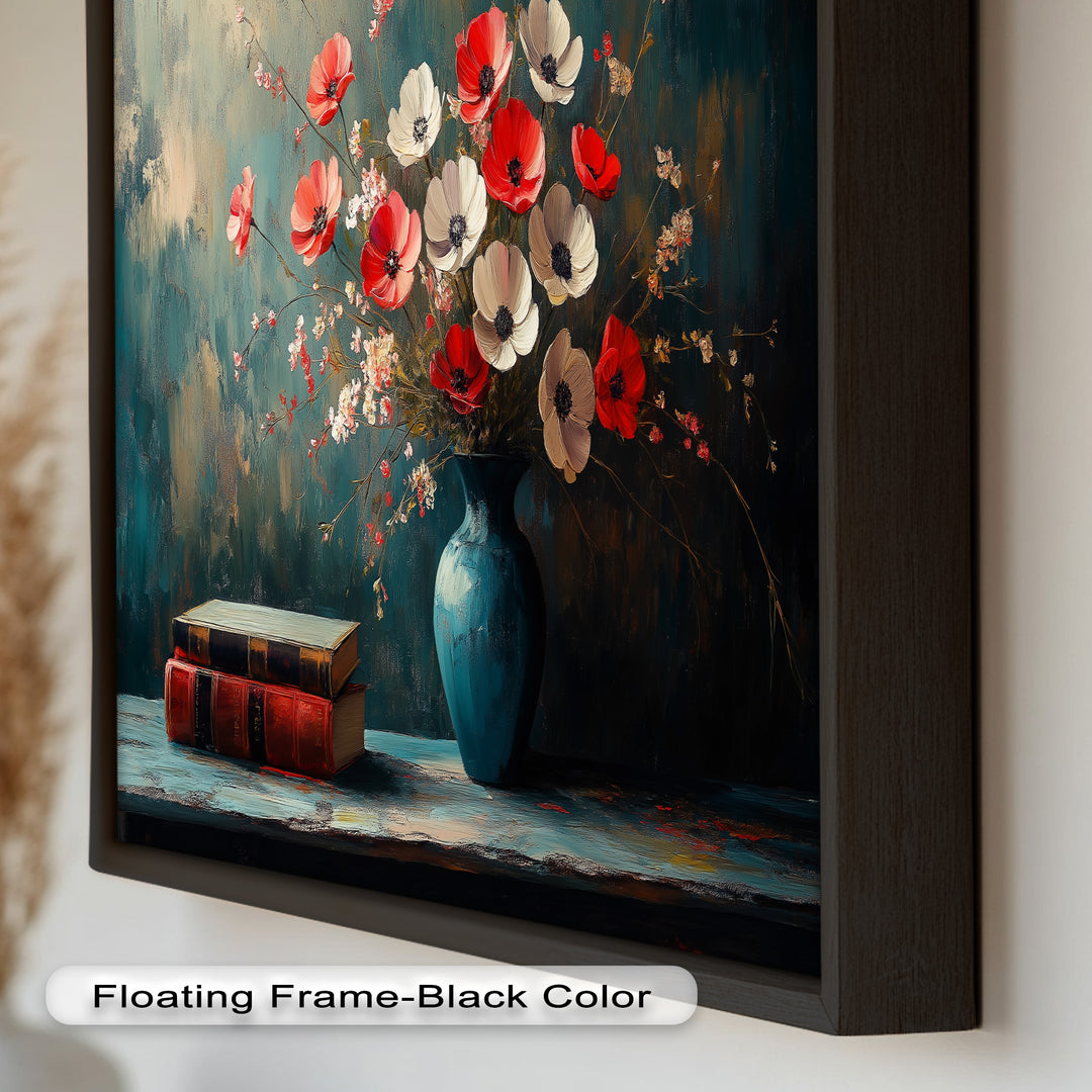 Vibrant Floral Vase with Books – Botanical Oil Paintings