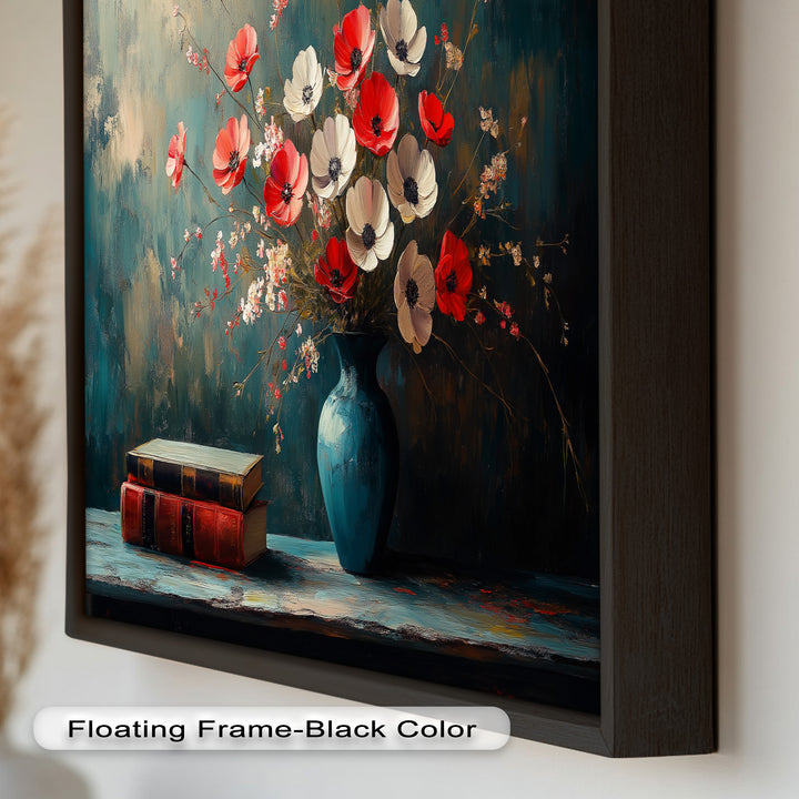 Vibrant Floral Vase with Books – Botanical Oil Paintings