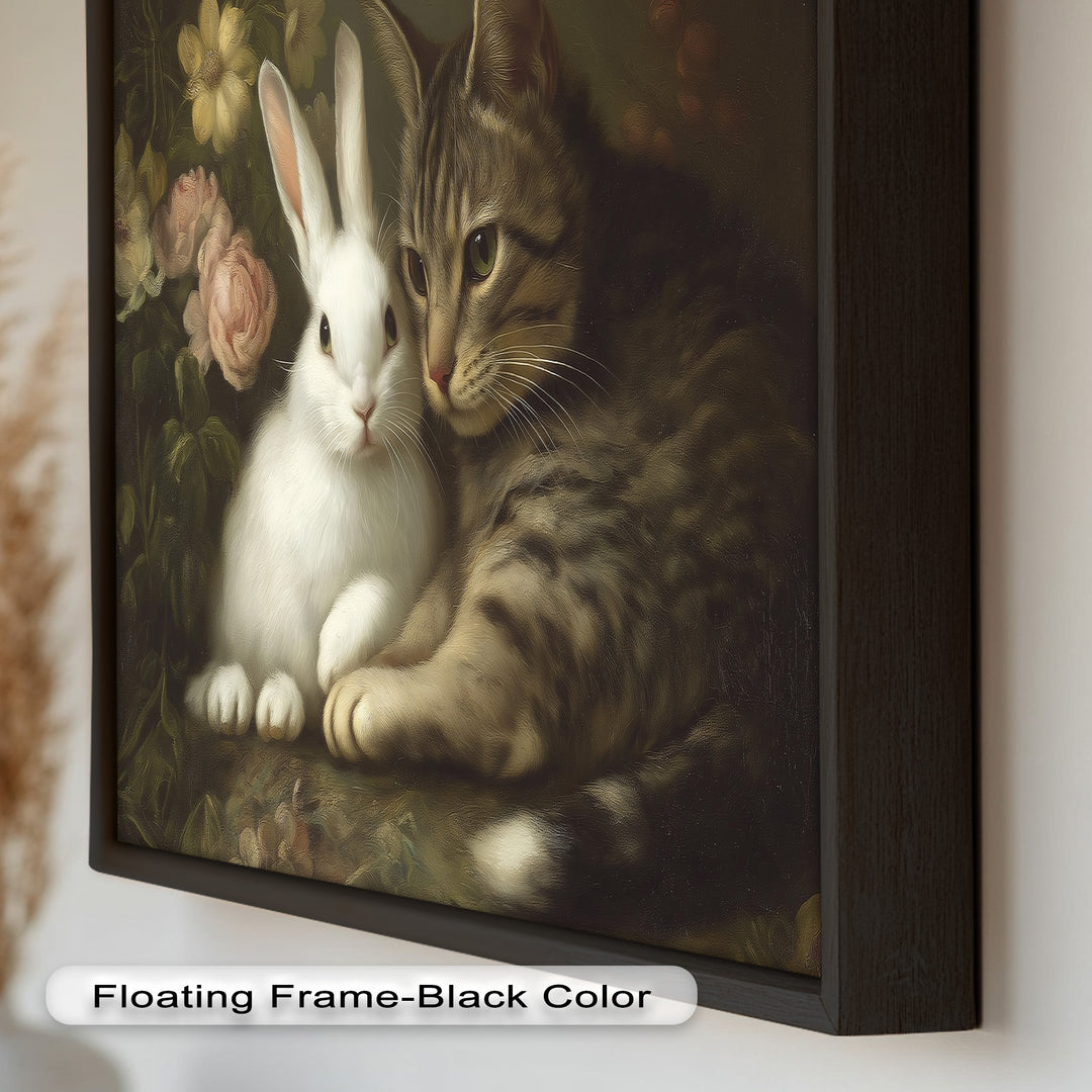Cat and Rabbit in Floral Harmony - Animal Oil Painting