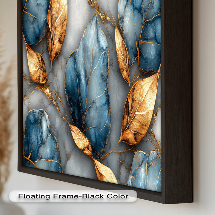 Golden Blue Marble Leaves – Botanical Oil Painting