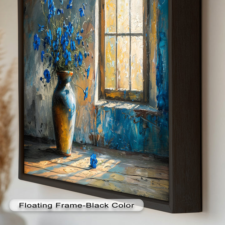 Blue Flowers in Vase – Rustic Still Life Oil Painting