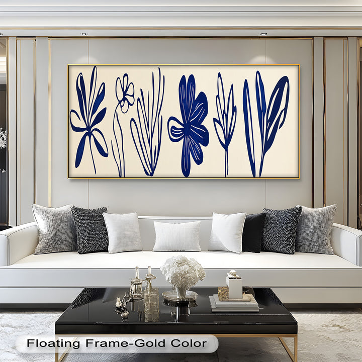 Indigo Bloom Line Art – Minimalistisches florales Ölgemälde