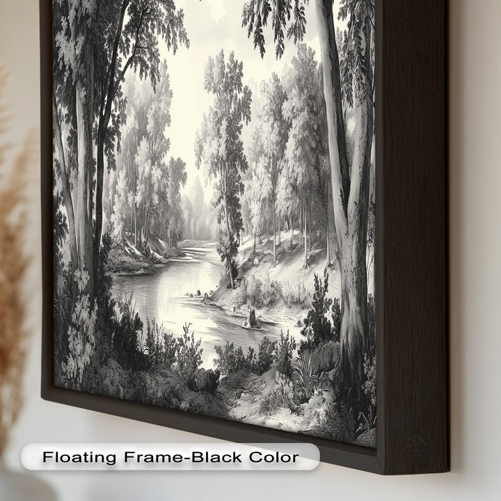 Zeitloser Waldfluss – Monochromes Landschaftsölgemälde