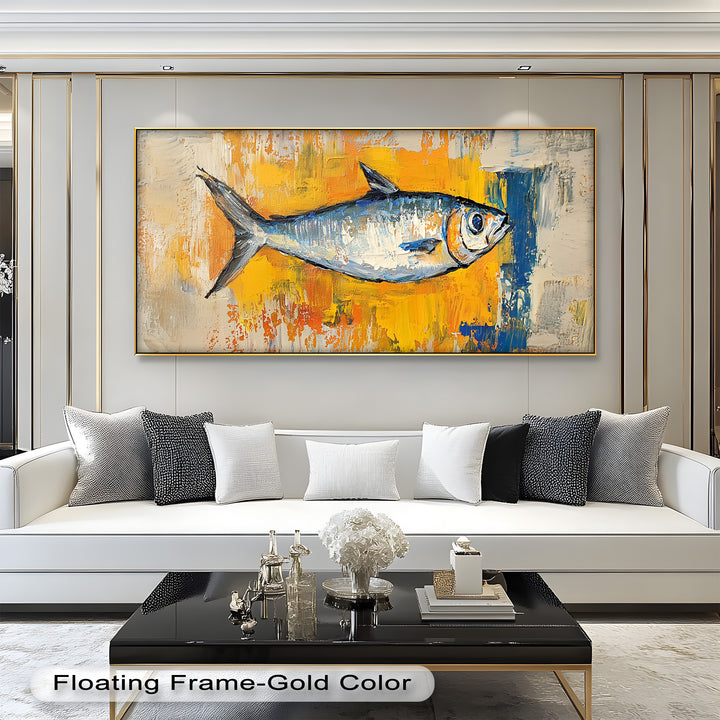 Blue Fish on Vibrant Yellow Background - Animal Oil Painting