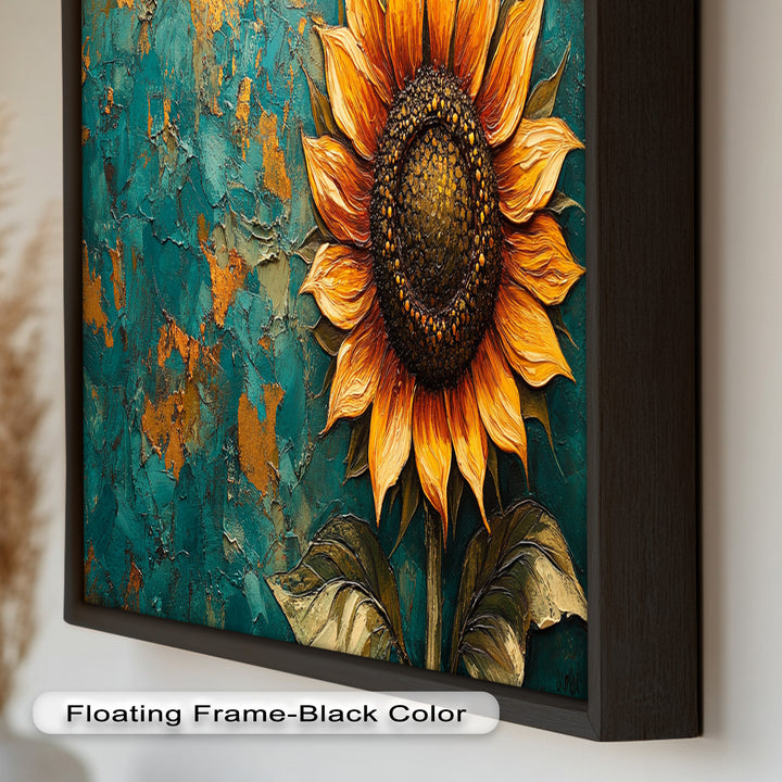 Sunflower on Textured Teal - Flower Oil Painting